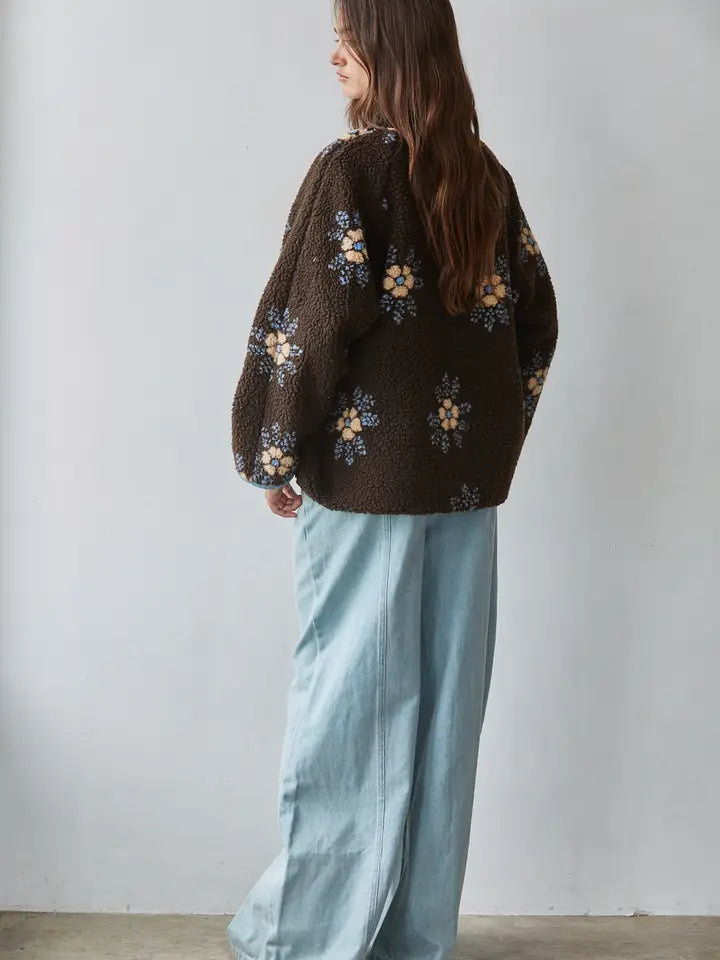 Floral Sherpa Fleece Jacket - Chocolate Brown