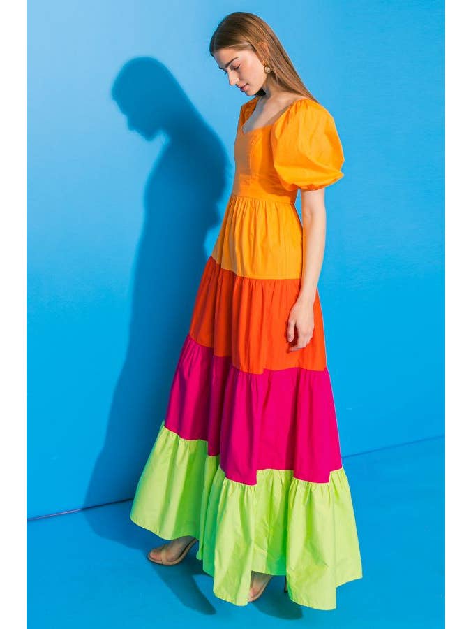 Colorblock Poplin Maxi Dress - Orange Red
