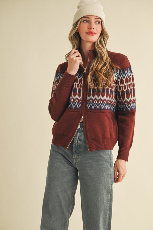 Fair Isle Zip Cardigan - Cocoa Brown