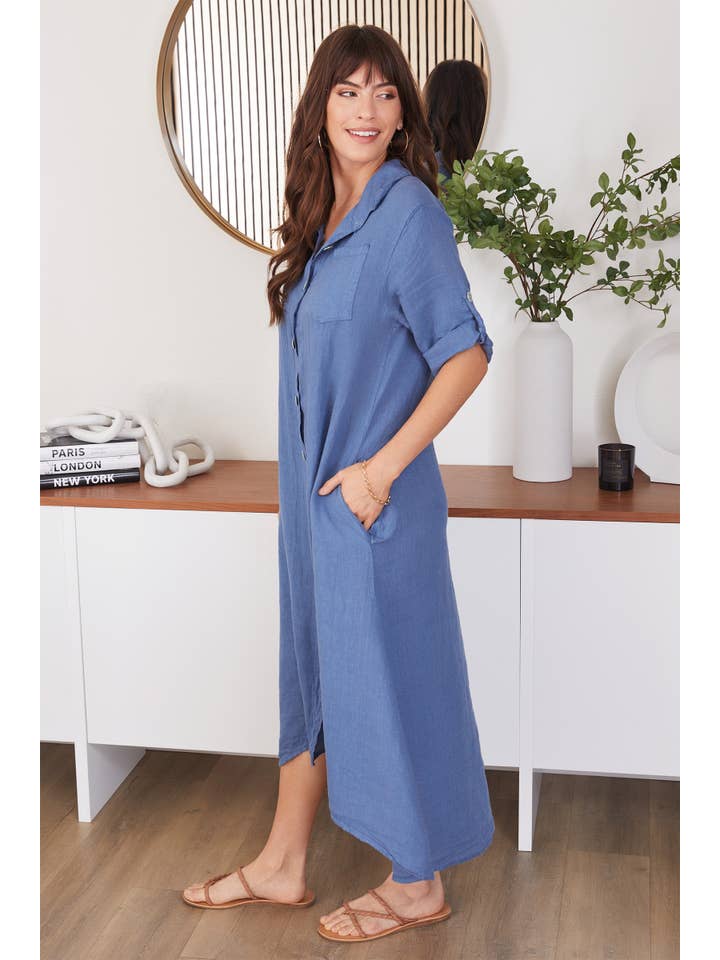 Linen Pocket Dress - Slate Blue