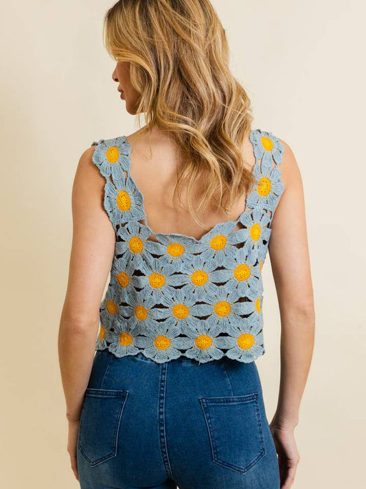 Daisy Crochet Top - Stone Blue