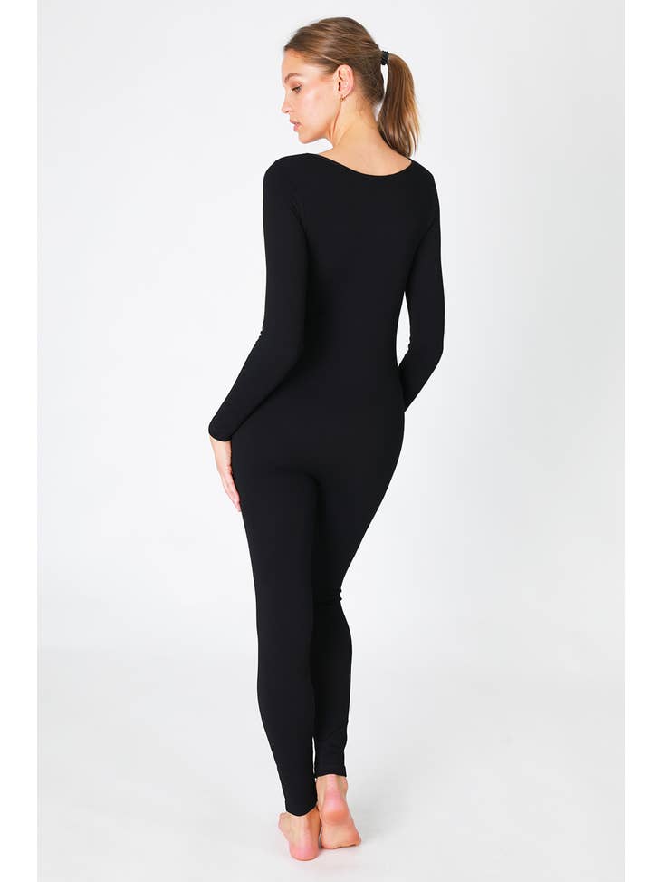 Ribbed Long Sleeve Jumpsuit - Black