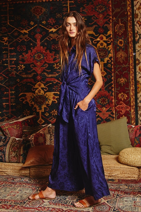 Tie Front Wide Leg Jumpsuit - Navy