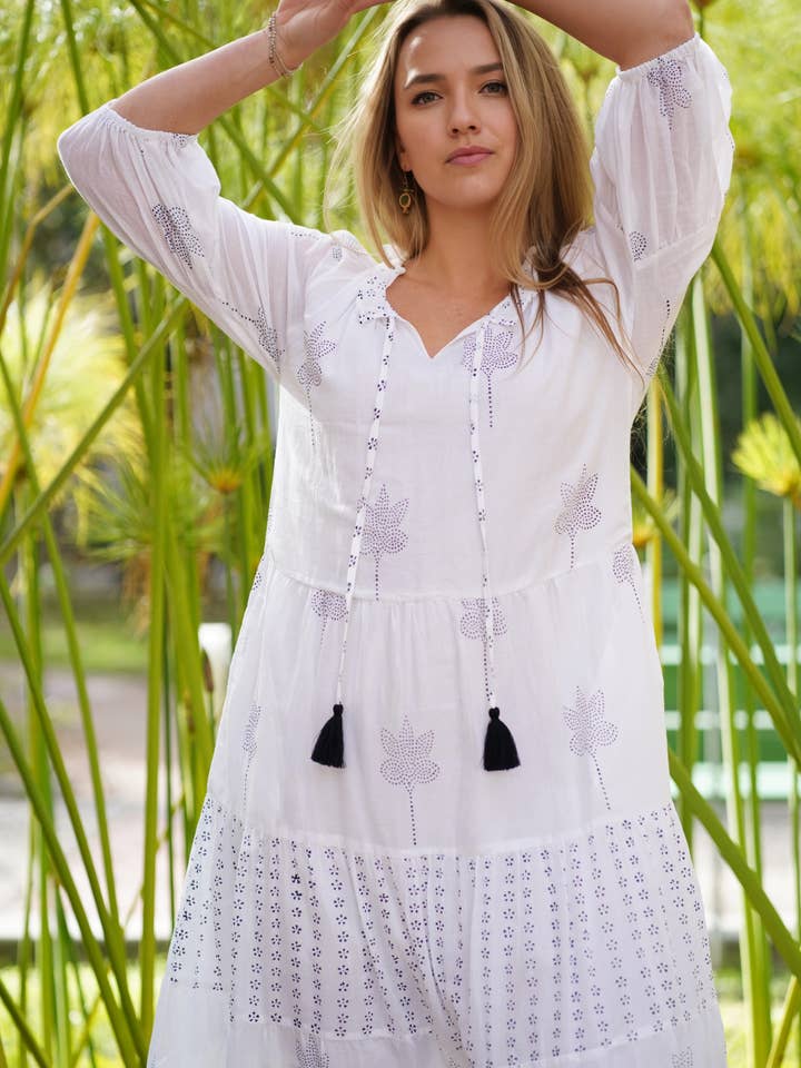 Bells Maxi Dress - Block Printed White