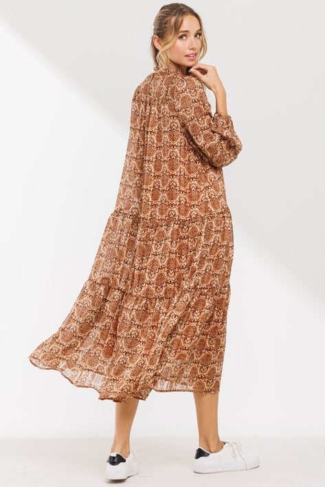 Geometric Printed Long Sleeve Dress - Rust Multi
