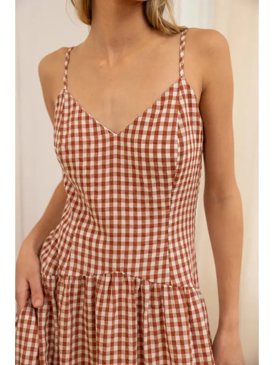 Gingham Sweetheart Midi Dress - Warm Brown