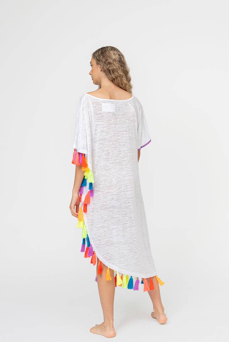 Rainbow Tassel Slit Dress - White