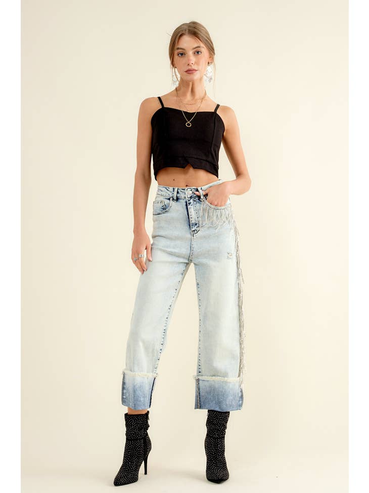 Fringe Rhinestone Denim Jeans