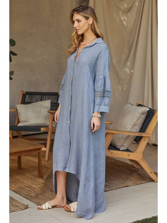Linen Mesh Sleeve Maxi Dress - Blue