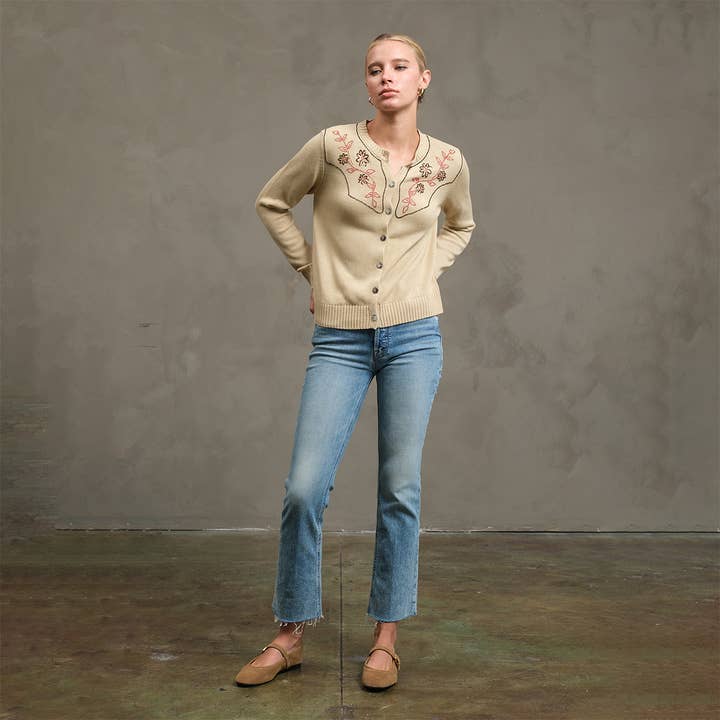 Embroidered Knit Cardigan - Beige