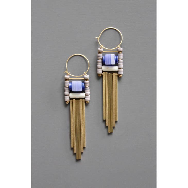 Geometric Lavender and Brass Hoop Earrings