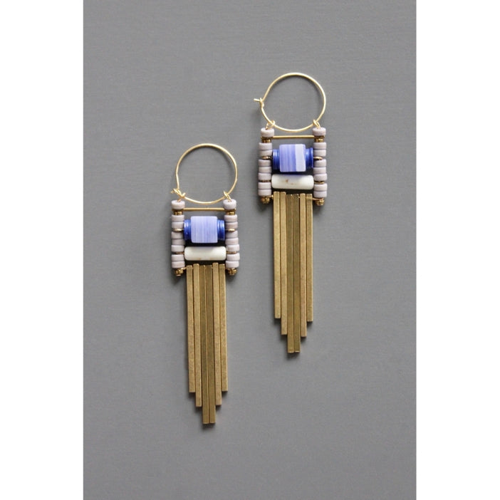 Geometric Lavender and Brass Hoop Earrings