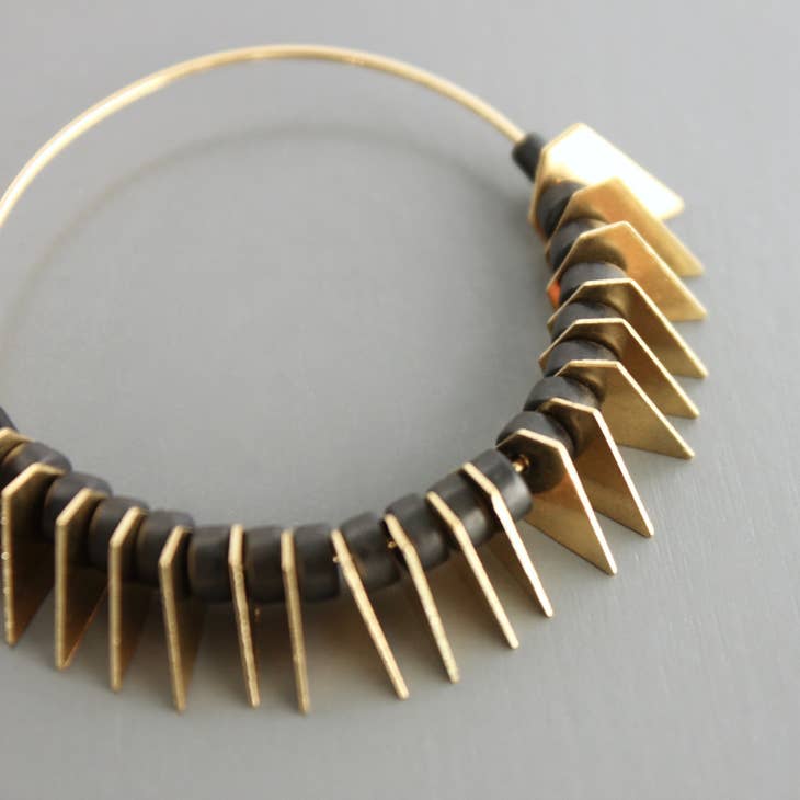 Black Magnesite and Brass Hoop Earrings