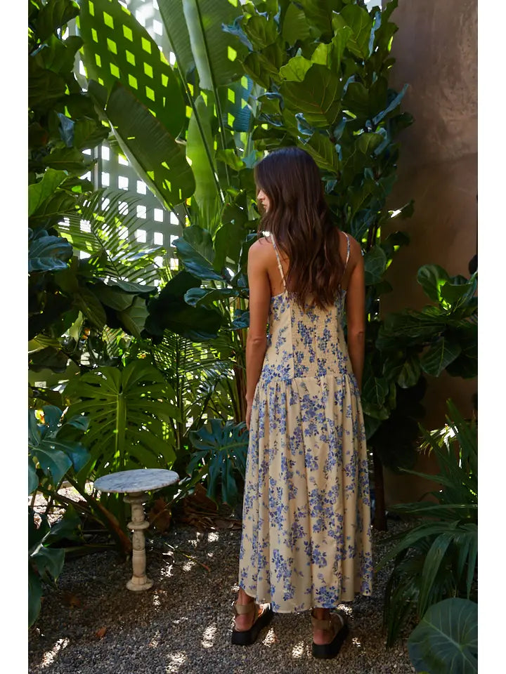 Floral Drop Waist Midi Dress - Lemon Blue