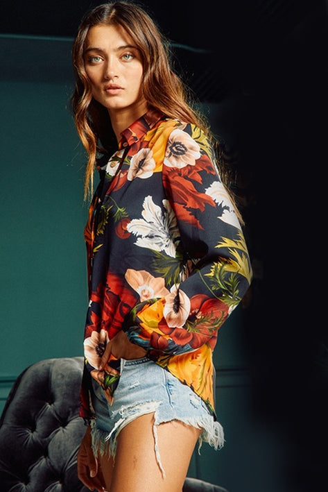 Semi-Sheer Floral Print Blouse