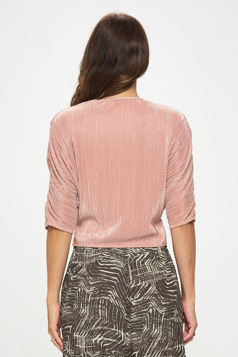 Scrunched Sleeve Front Twist Top - Rose