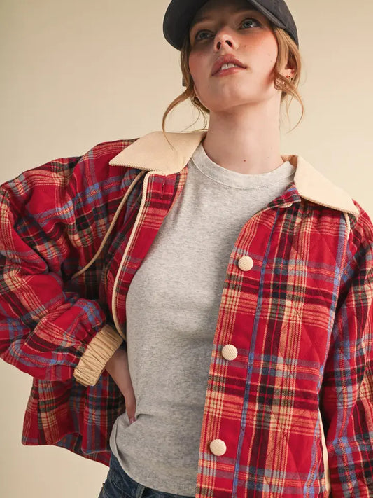 Plaid Quilted Jacket - Red Blue
