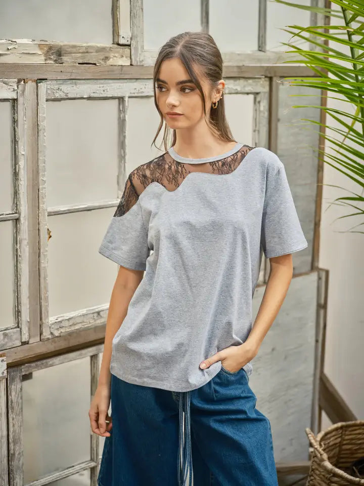 Lace Insert Tee - Grey