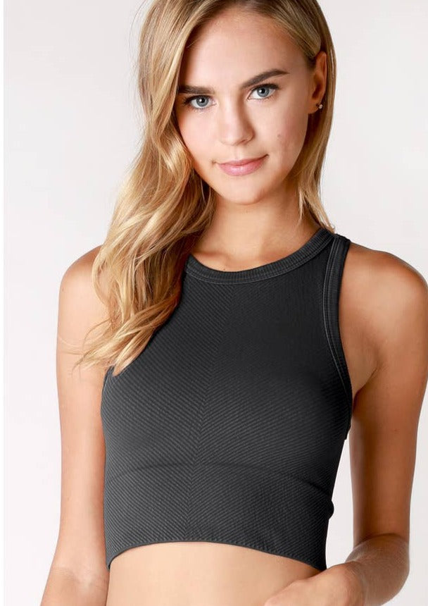 Chevron Highneck Crop Top - Vintage Black