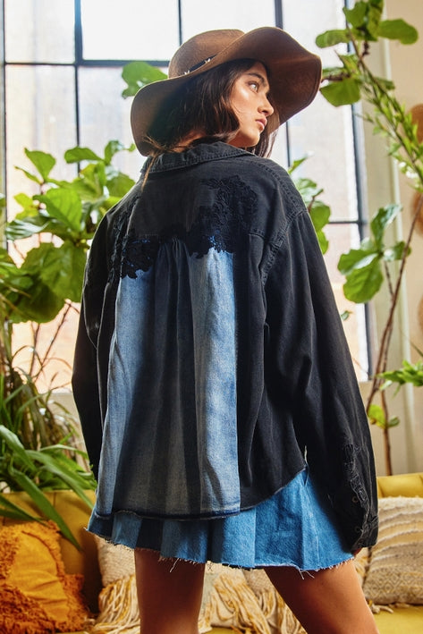 Lace Trimmed Color Block Denim Pullover