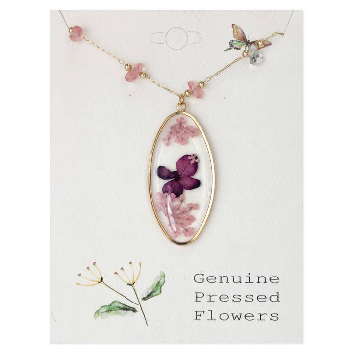Dried Floral Necklace - Sweet Gold Rose Quartz
