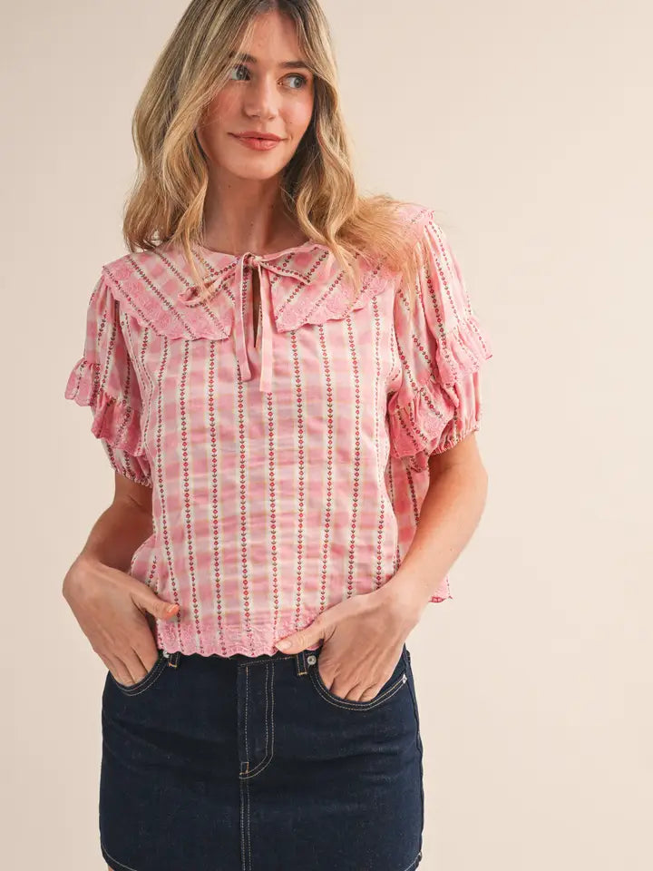 Embroidered Doll Collar Top - Pink Gingham