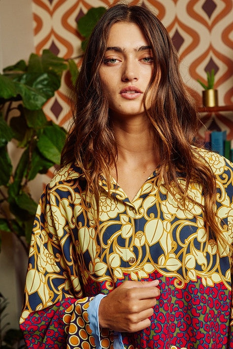 Multi-Print Bell Sleeved Collared Blouse