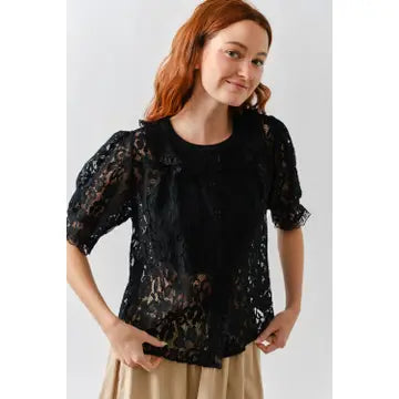 Peter Pan Collar Lace Blouse - Black