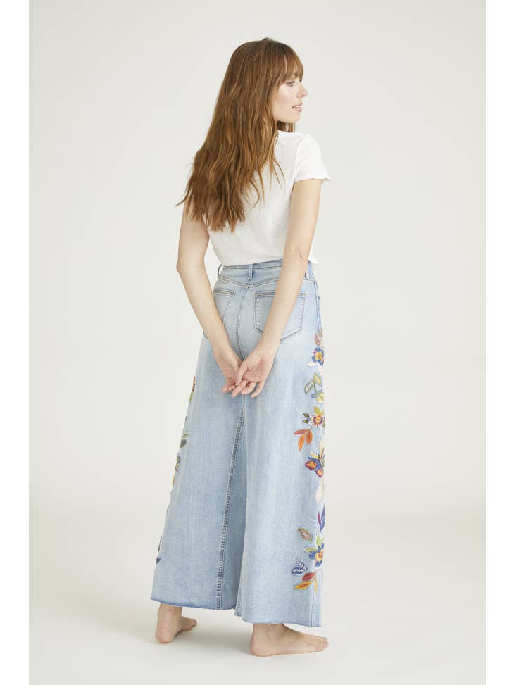 Denim Maxi Skirt - Feathery Leaf