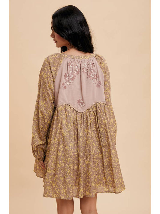 Embroidered Babydoll Dress - Fawn