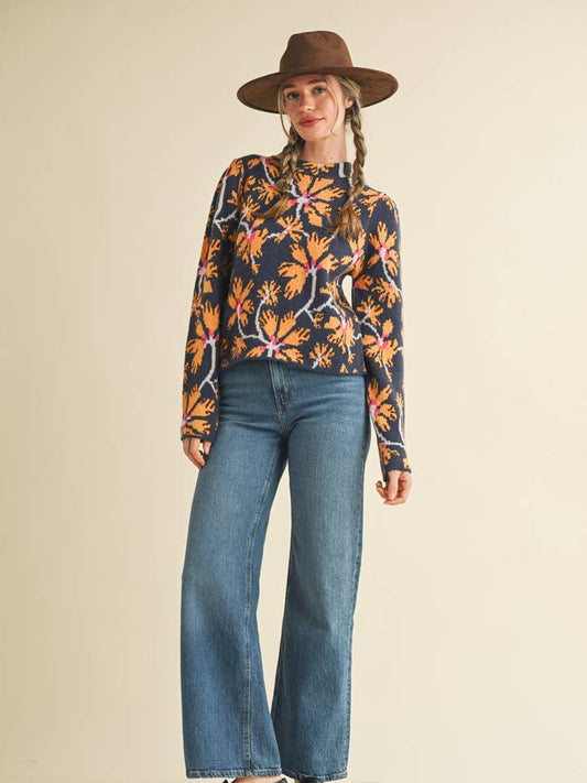 Floral Mock Neck Sweater - Navy Multi