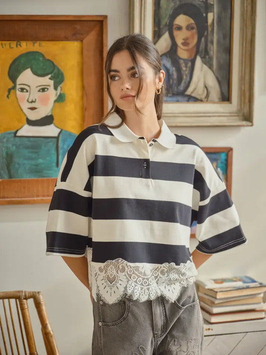 Lace Polo Shirt - Cream/Black