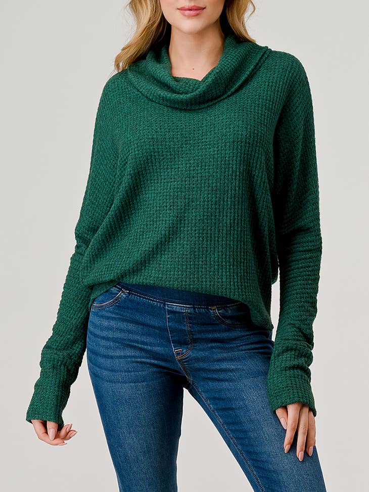 Brushed Knit Cowl Neck Tunic Top - Evergreen