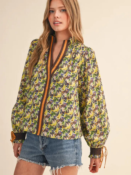 Contrast Neckline Puff Sleeve Top - Green Multi