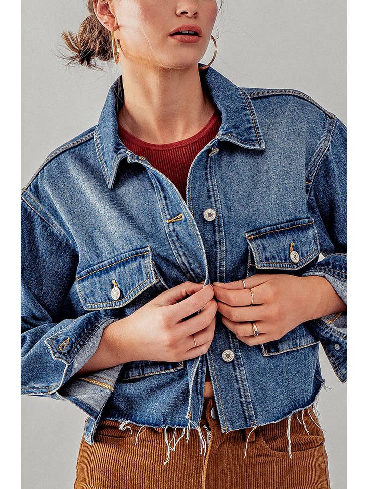 Raw Hem Denim Jacket - Blue