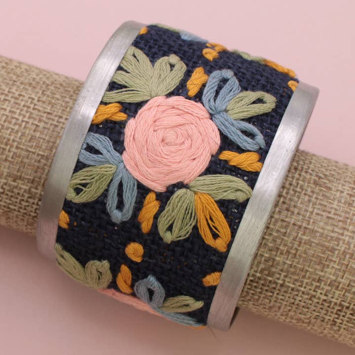 Cross Stitch Cuff - Navy Floral