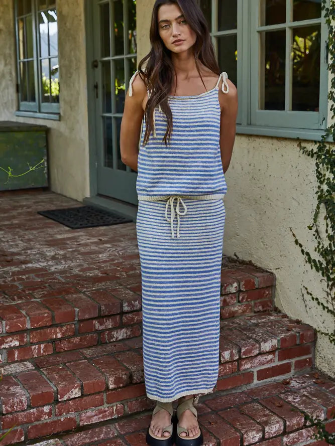 Striped Spaghetti Tie Strap Top - Blue Natural