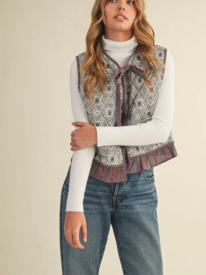 Quilted Ruffle Trim Vest - Grey Multi