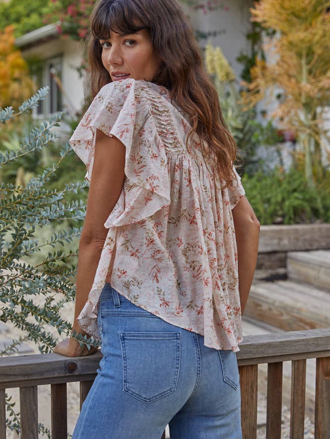 Woven Floral Short Sleeve Top - Ivory Multi