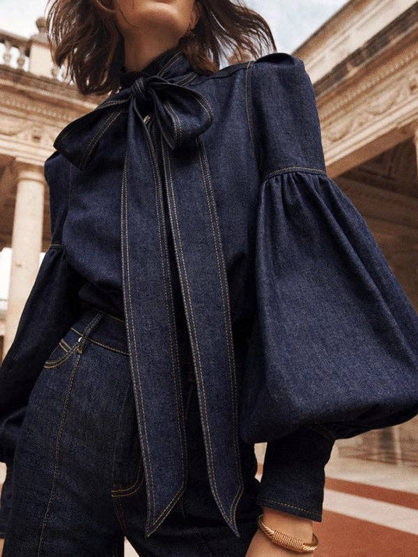 Puff Sleeve Denim Shirt - Blue - Final Sale