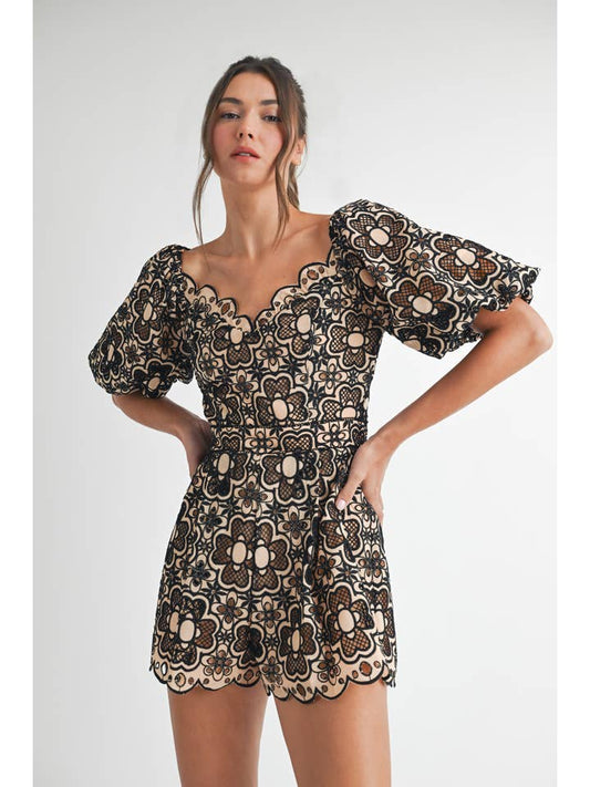Crochet Puff Sleeve Romper - Taupe/Black