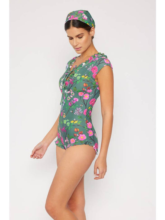 V Neck String Ruffle Swimsuit - Cherry Blossom Forest