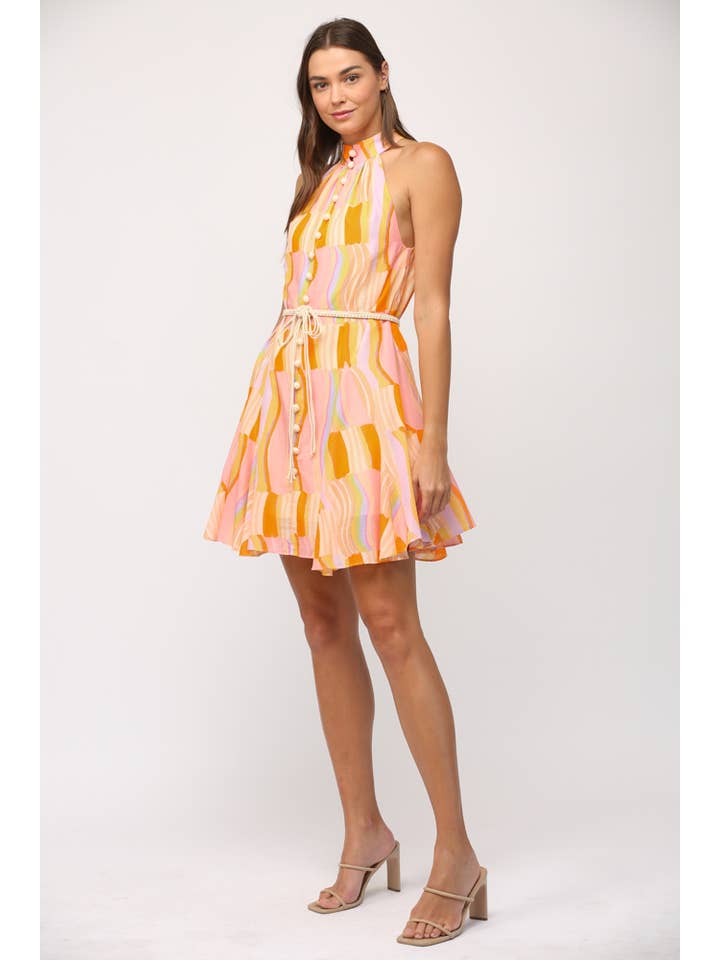 Halter Neck Mini Dress - Orange/Lavender