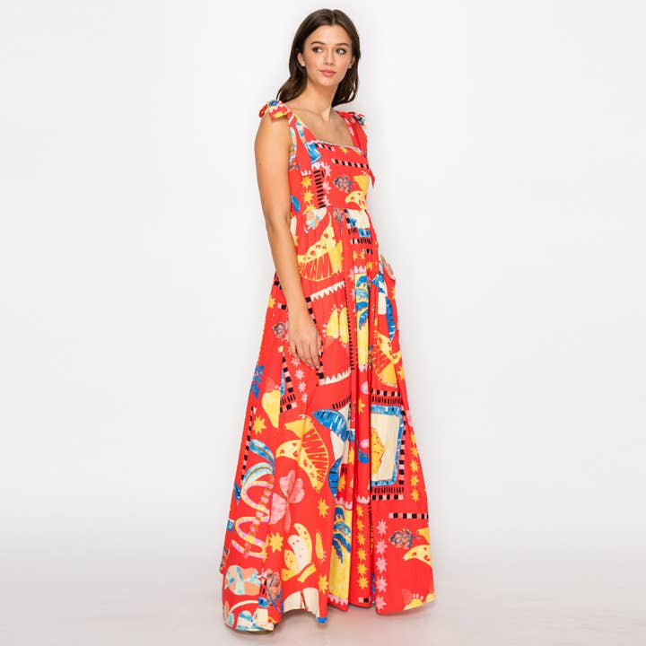 Retro Tropical Print Maxi Dress - Red