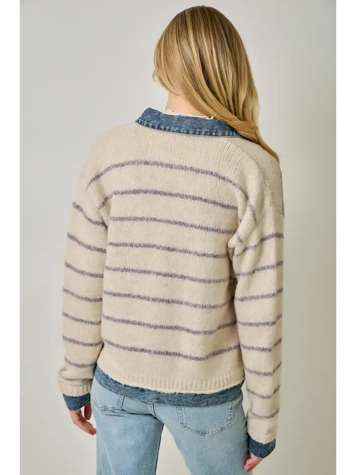 Striped Denim Hem Sweater Jacket - Oatmeal