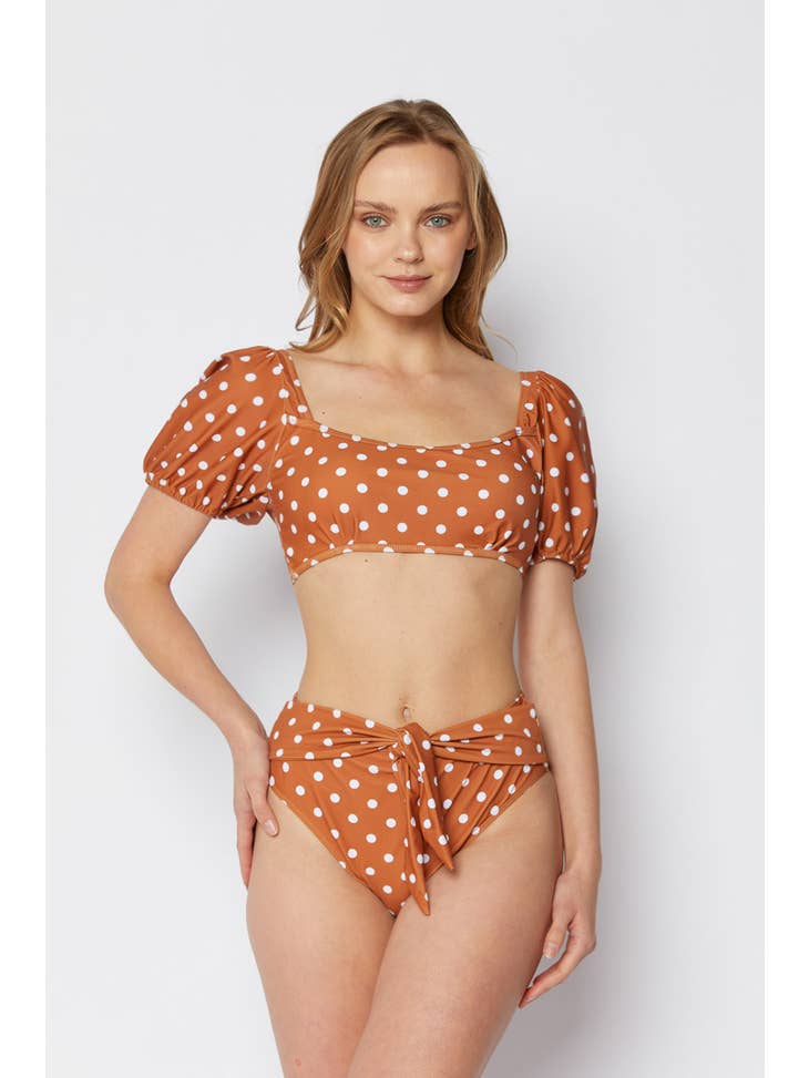 Puff Sleeve Swimsuit - Brick White Dot