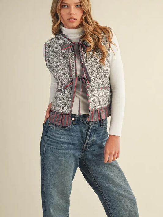 Quilted Ruffle Trim Vest - Grey Multi