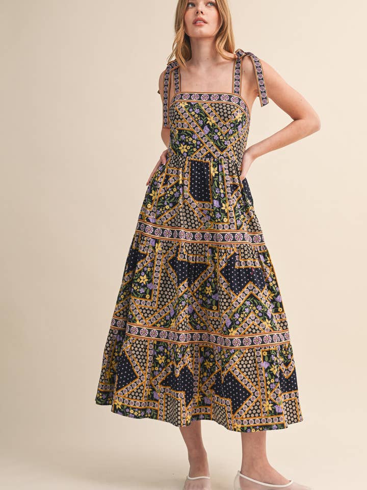Floral Patchwork Midi Dress - Deep Navy Multi