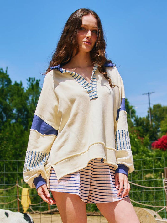 Color Block Rugby Top - Cream/Navy