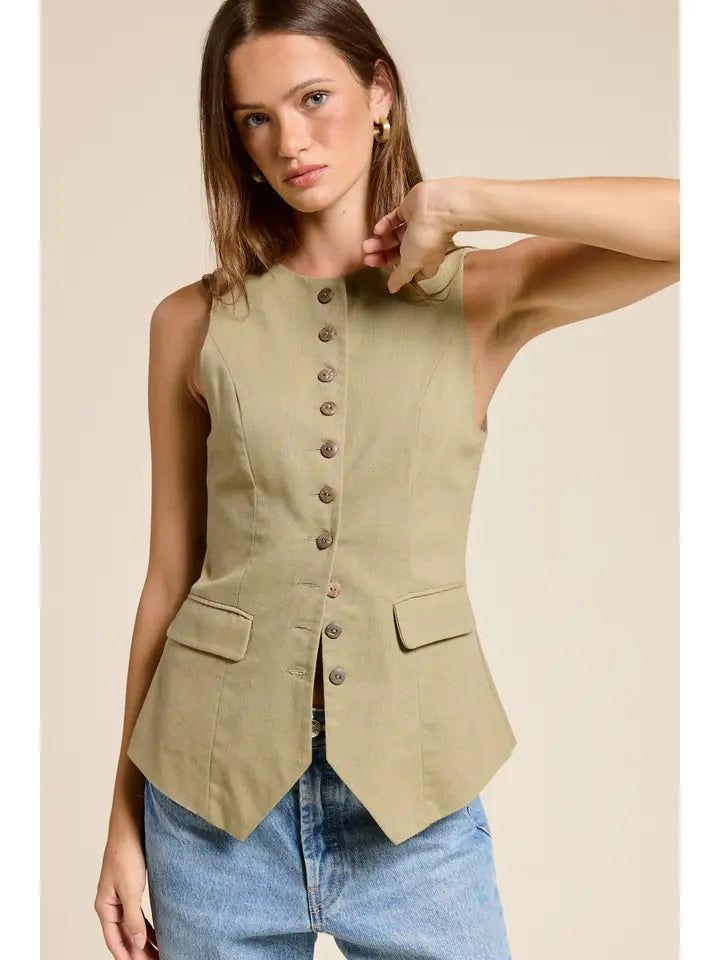 Long-Line Buttoned Vest - Khaki